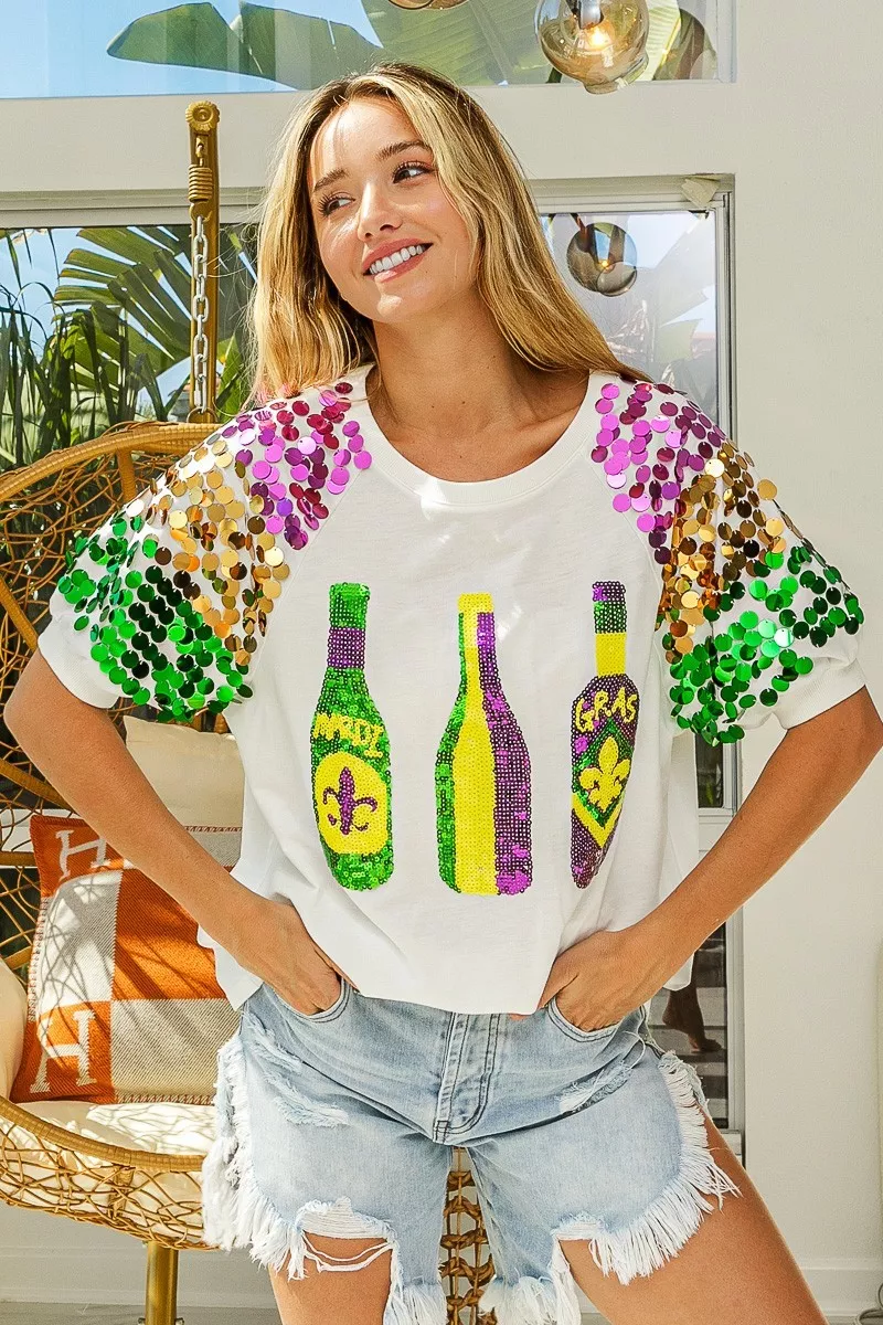 Sequin Mardi Gras Bottles Spangled Sleeve Top, image 18