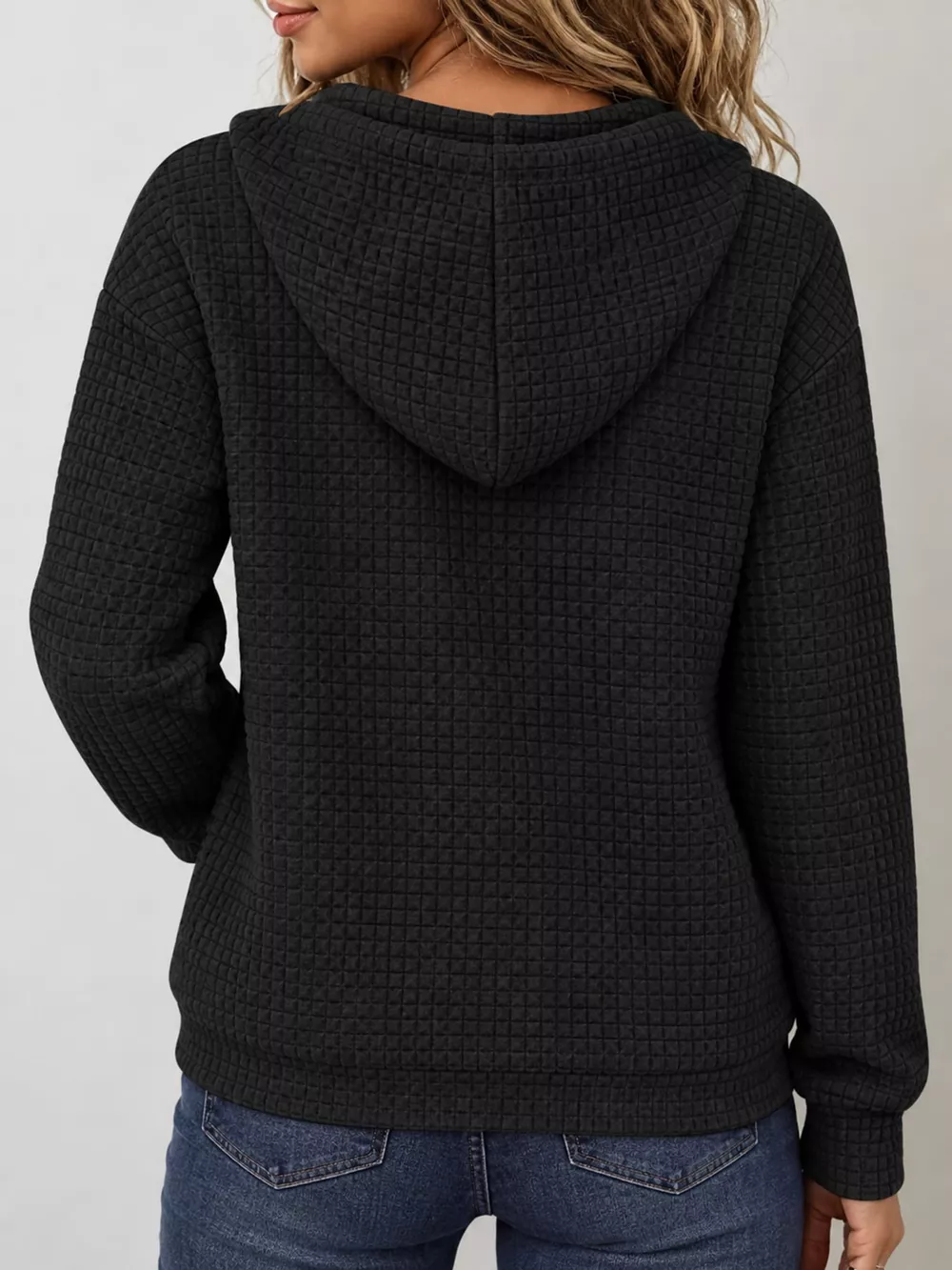 Waffle Knit Zip-Up Hoodie with Drawstring and Pockets, image 3