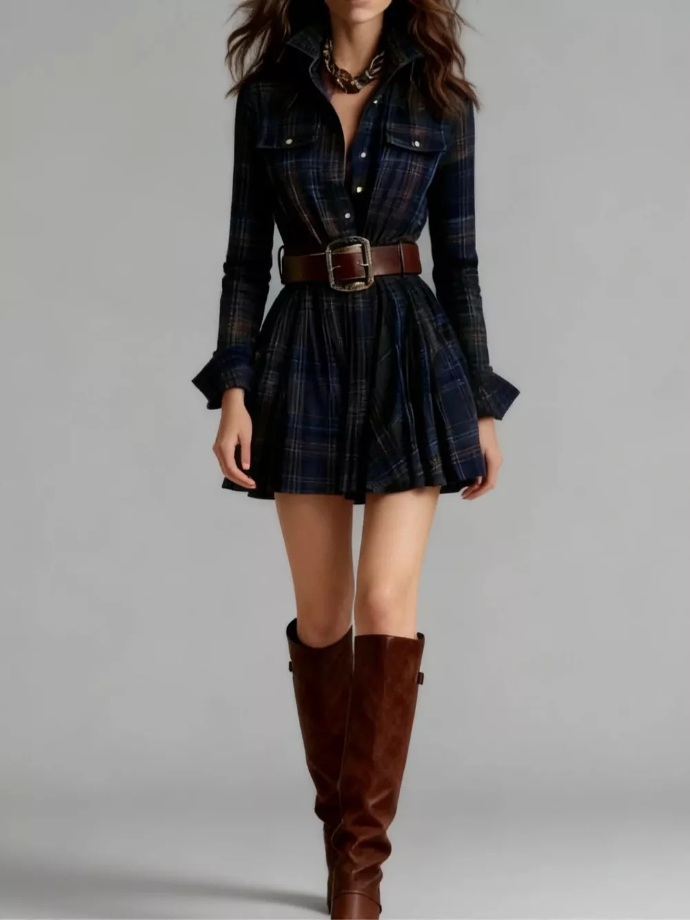 Plaid Long-Sleeve Shirt Dress, image 6