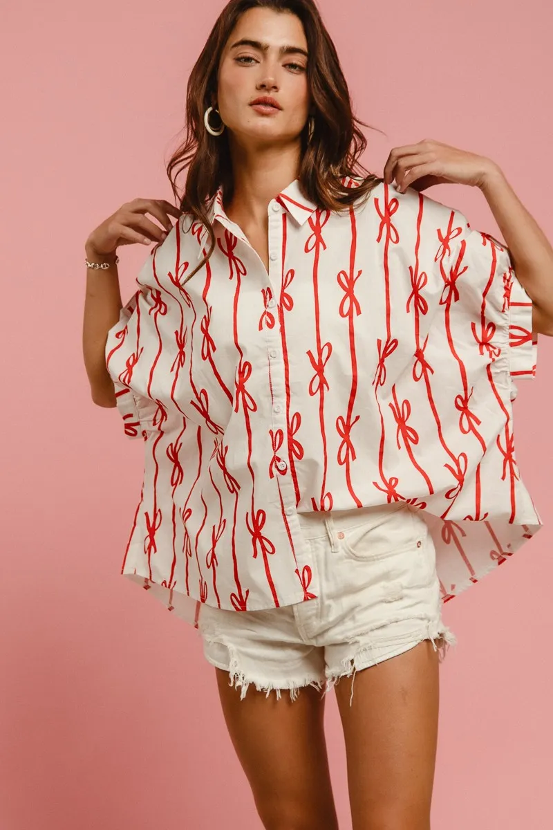 Bow Ribbon Woven Printed Button Down Shirt, image 12