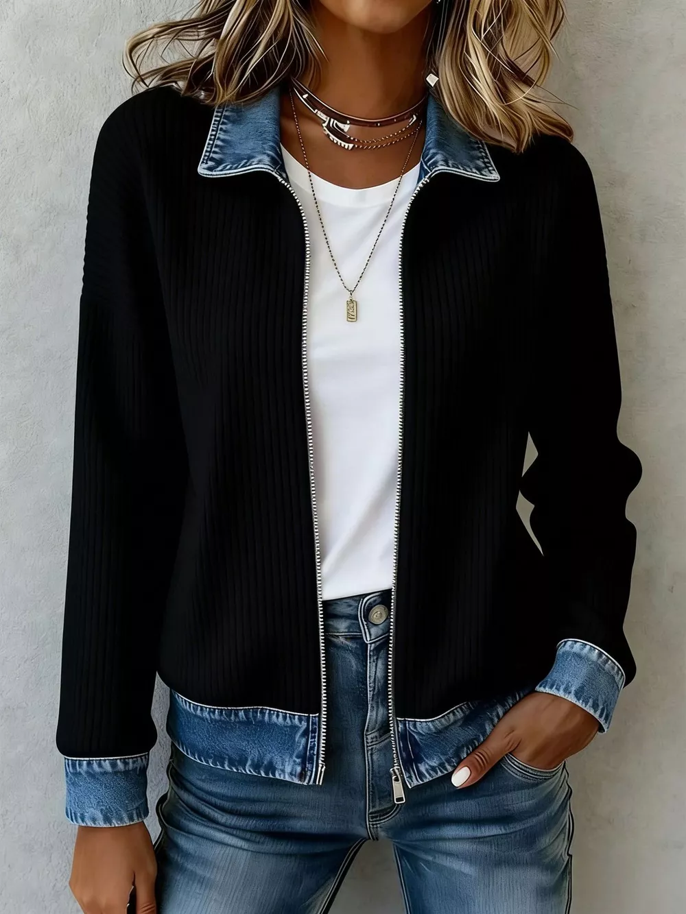Contrast Denim Collar Ribbed Knit Jacket, image 3