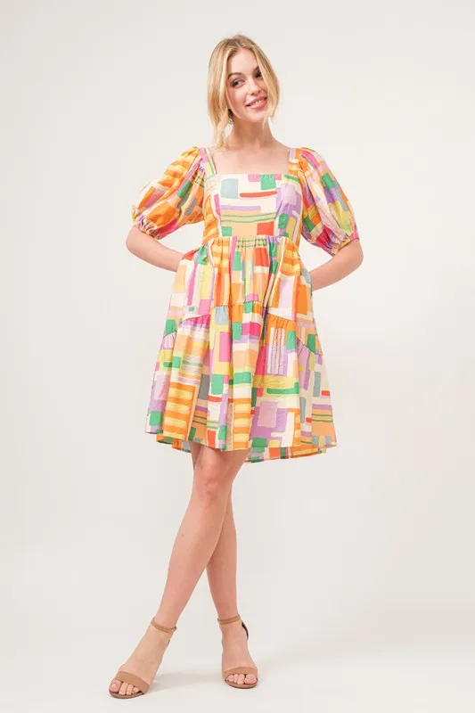 Square Neck Puff Sleeve Geo Printed Mini Dress, image 7