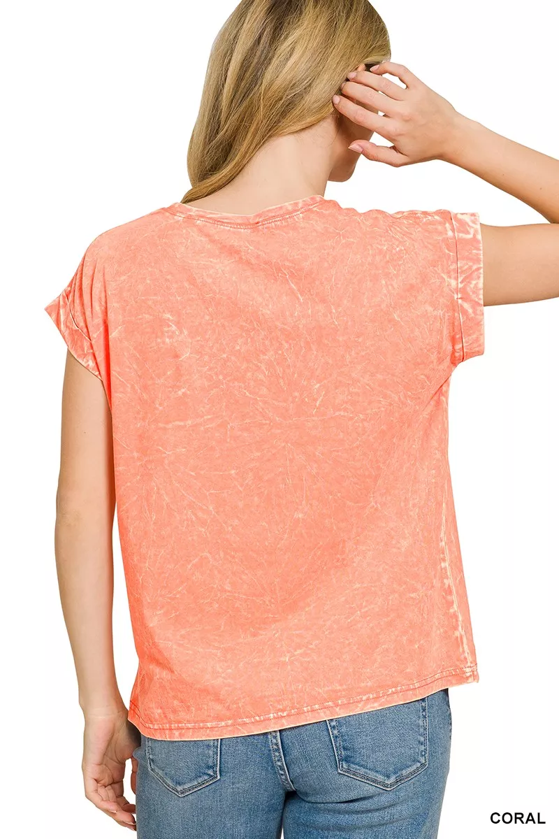 Crinkle Washed Round Neck Folded Short Sleeve Tee, image 3