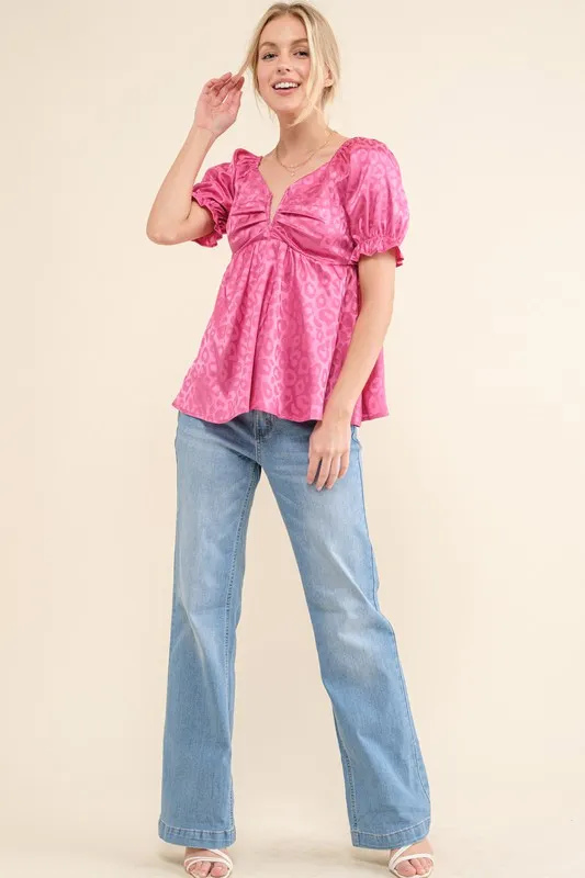 Satin Leopard V Wired Puff Sleeves Blouse, image 5