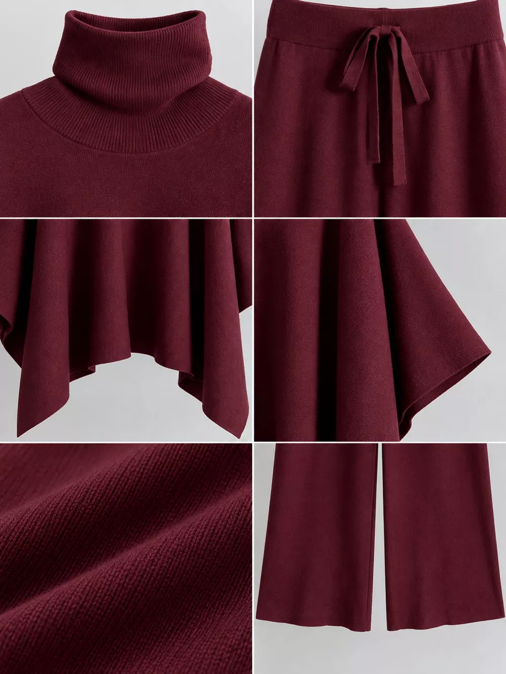Elegant Turtleneck Poncho Sweater and Wide-Leg Knit Pants Set, image 8