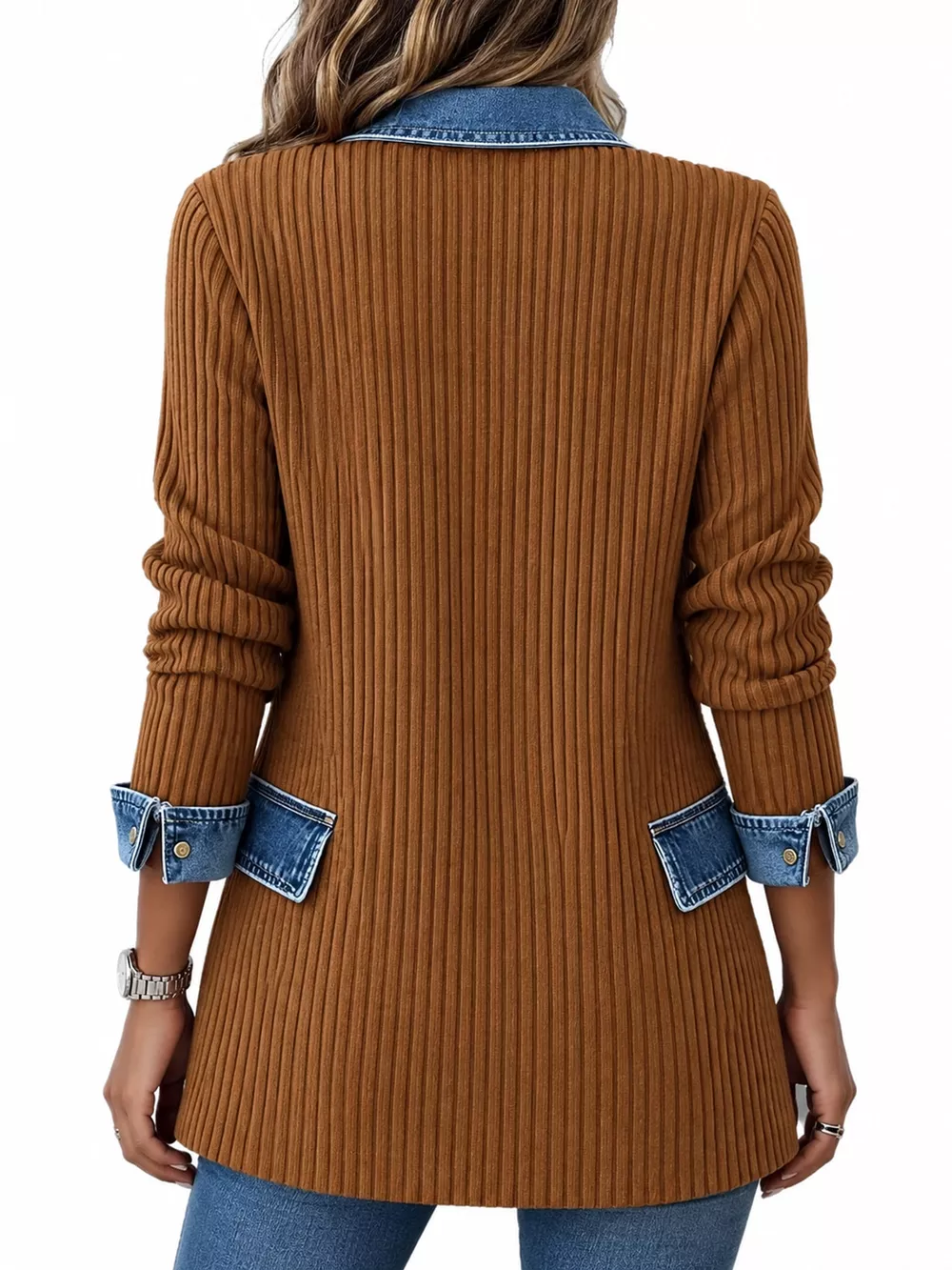 Full Size Denim Trim Ribbed Knit Cardigan Plus Size, image 10