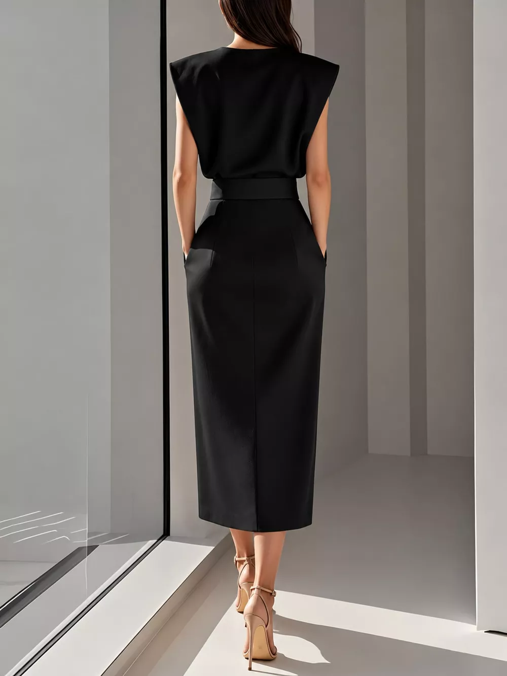 Sleeveless Midi Dress with Gold Button Detail and Side Slit, image 3