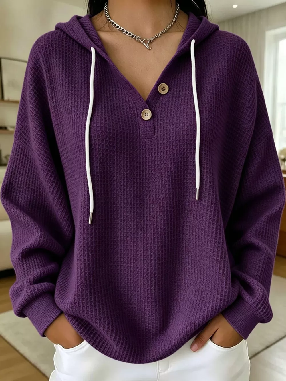 Full Size Waffle Knit Button Detail Hoodie Plus Size, image 40