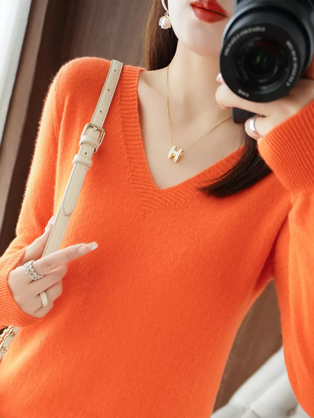 V-Neck Solid Color Sweater, image 61