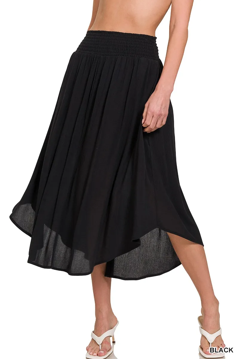 Woven Crinkle Smocked Waist Maxi Skirt W Pockets