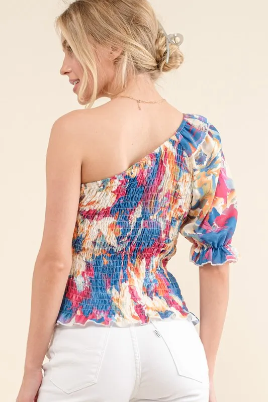 Allover Floral Print Smocked One Shoulder Blouse, image 3