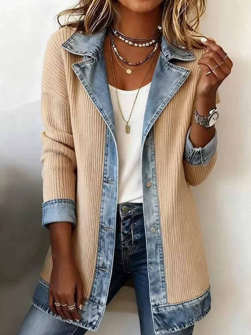 Full Size Denim Trim Ribbed Knit Cardigan Plus Size, image 32