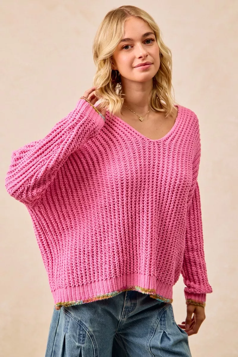 V-Neck Sweater with Colorful Trim, image 7