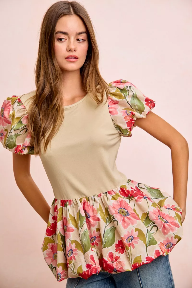 Floral Printed Bubble Sleeves and Hem Peplum Top