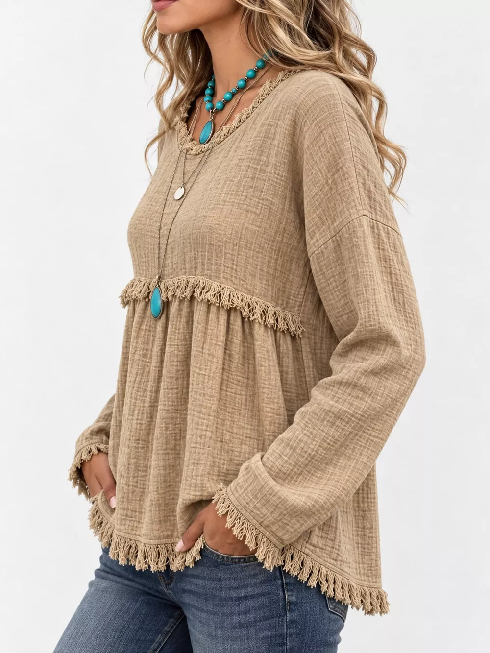 Full Size Frayed Hem Textured Blouse Plus Size, image 33