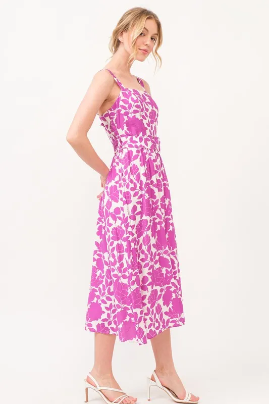 Square Neck Belted Floral Printed Midi Dress, image 2
