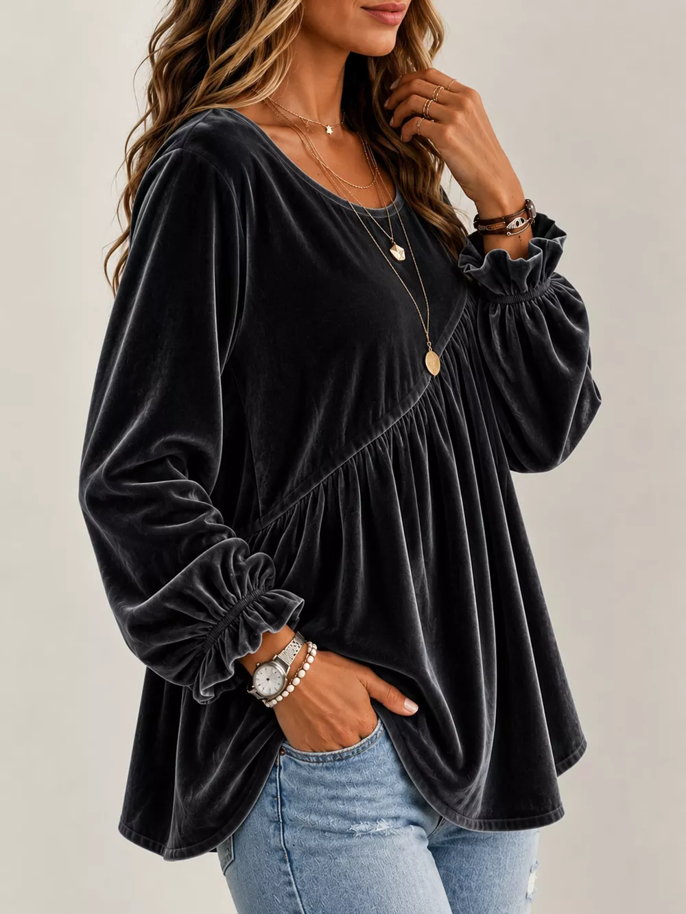 Full Size Velvet Long Sleeve Blouse Plus Size, image 4