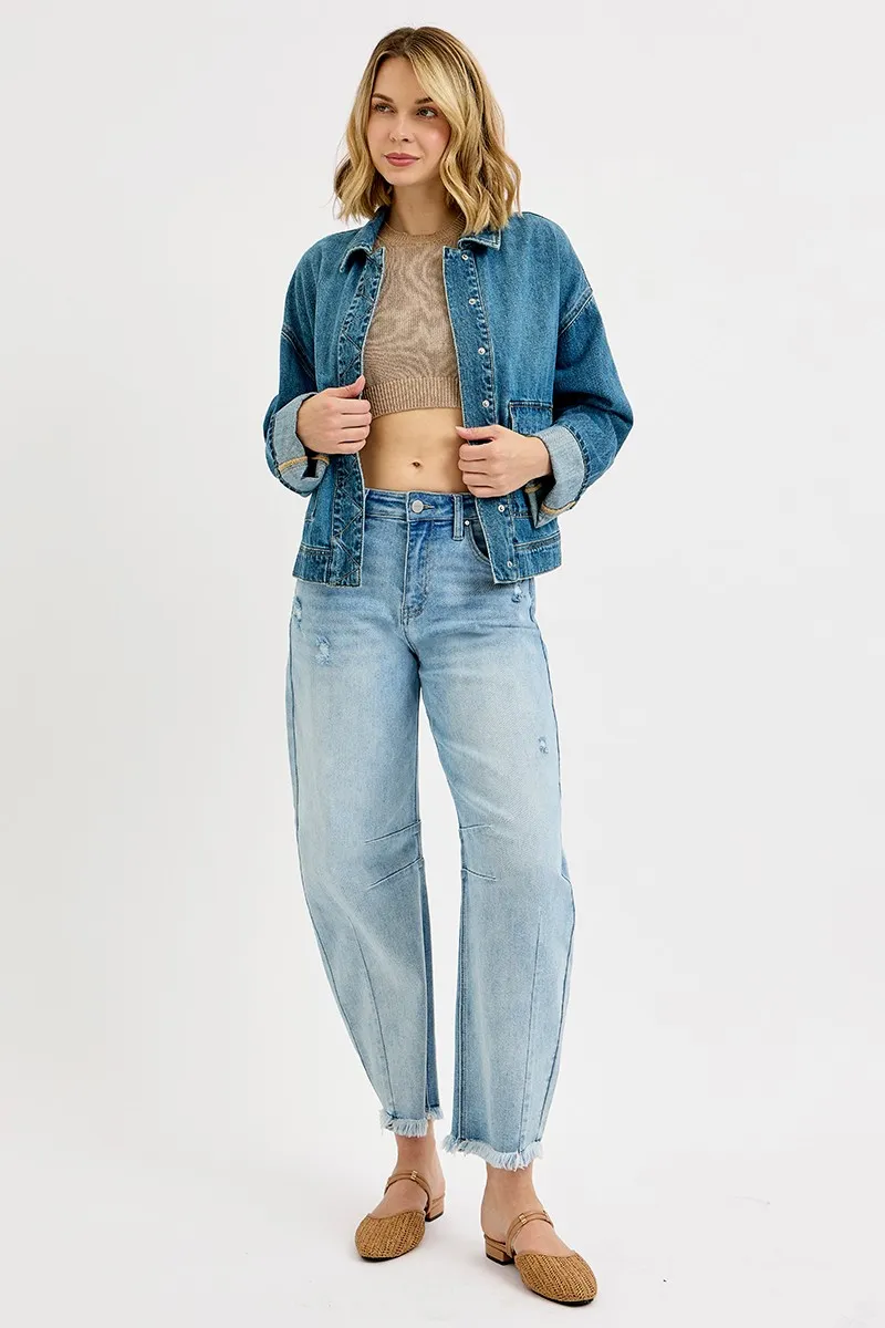 Oversized Cargo Pocket Denim Jacket with Cuffed Sleeves, image 5