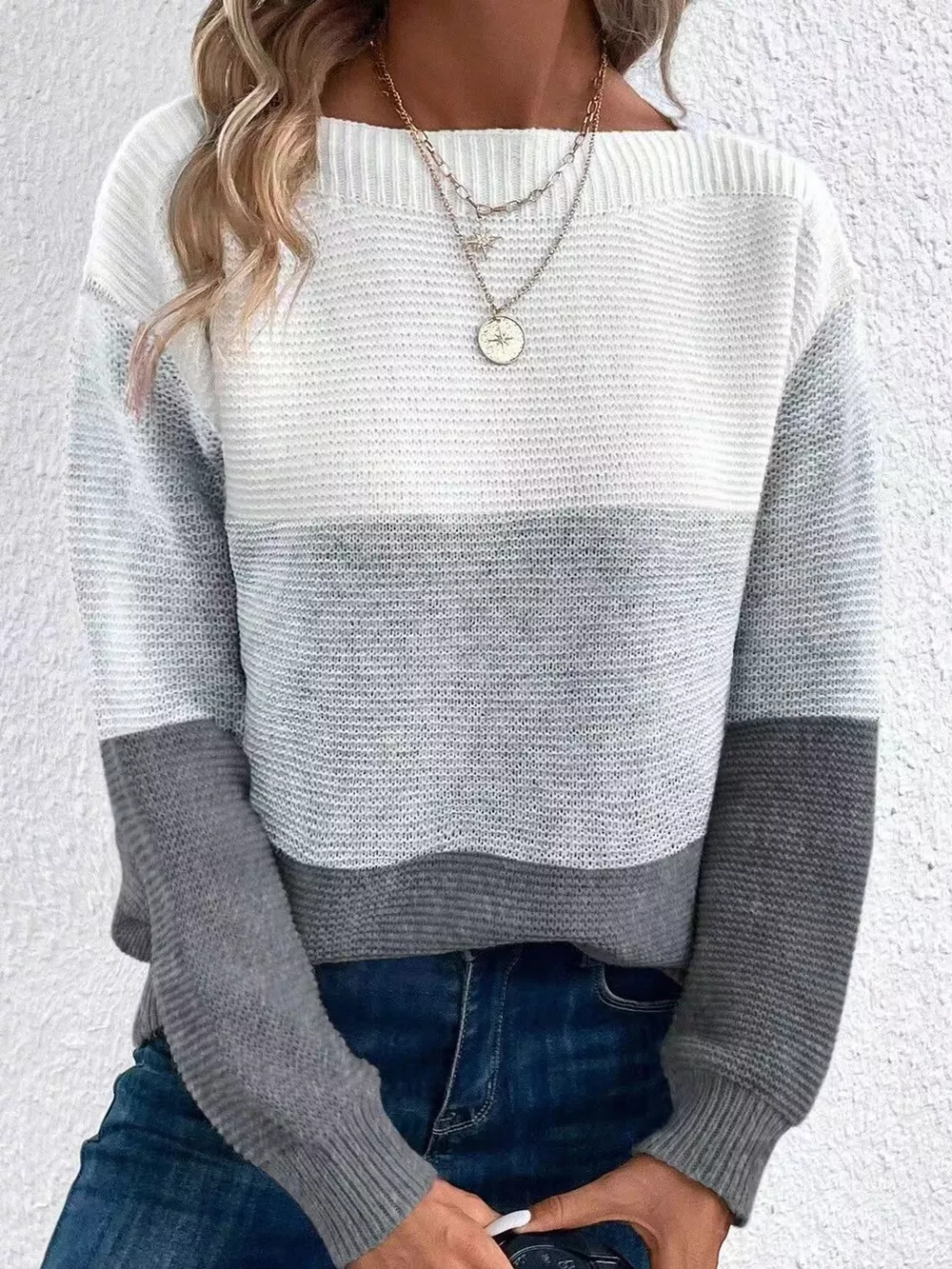 Full Size Color-Block Boat Neck Sweater Plus Size, image 37