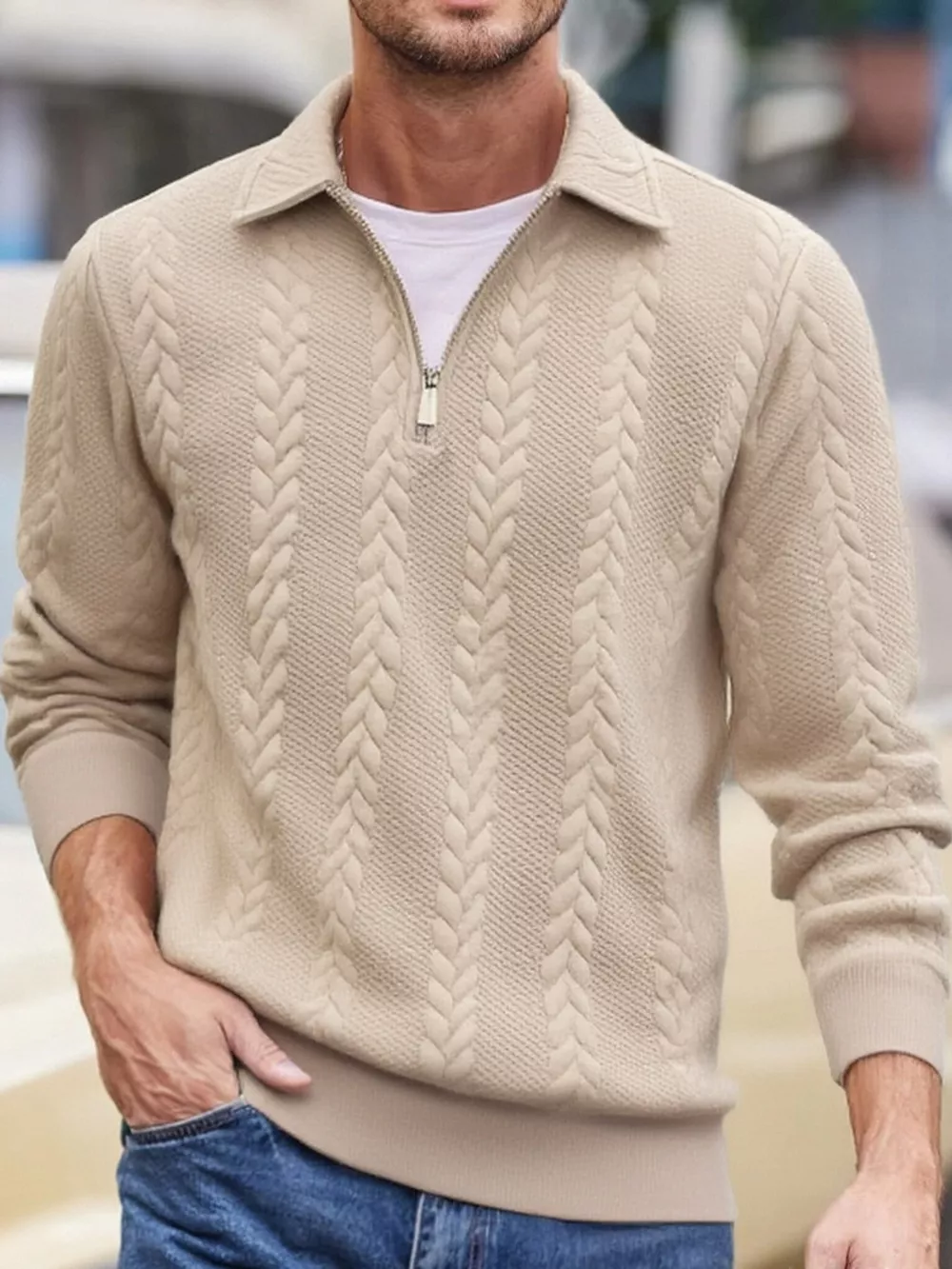 Men's Full Size Quarter-Zip Cable Knit Jacquard Sweatshirt Plus Size, image 7