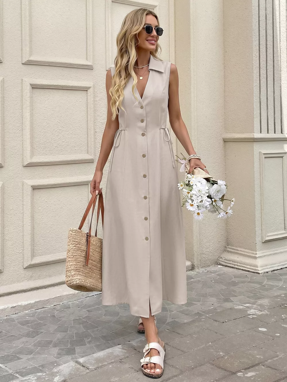 Sleeveless Button-Down Midi Dress, image 5
