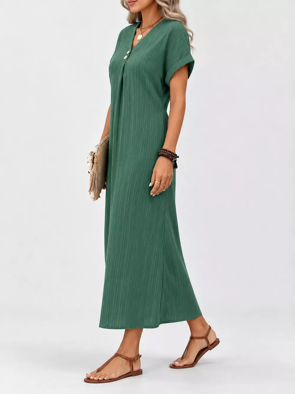Full Size V-Neck Short Sleeve Midi Dress Plus Size, image 3