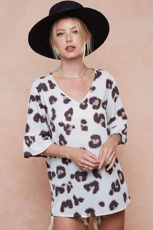 Leopard Printed V Neck Woven Top with Ruffled, image 7