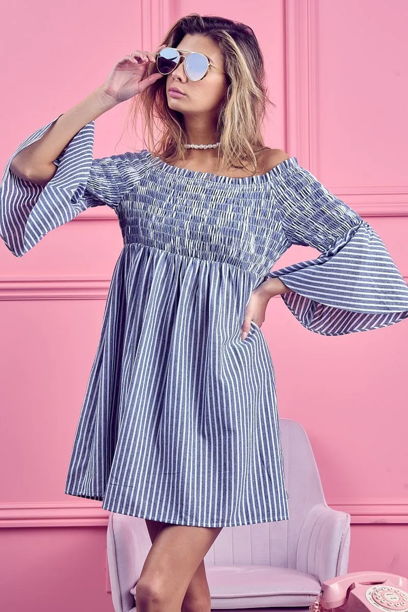 Smocked Off Shoulder Striped Dress, image 10