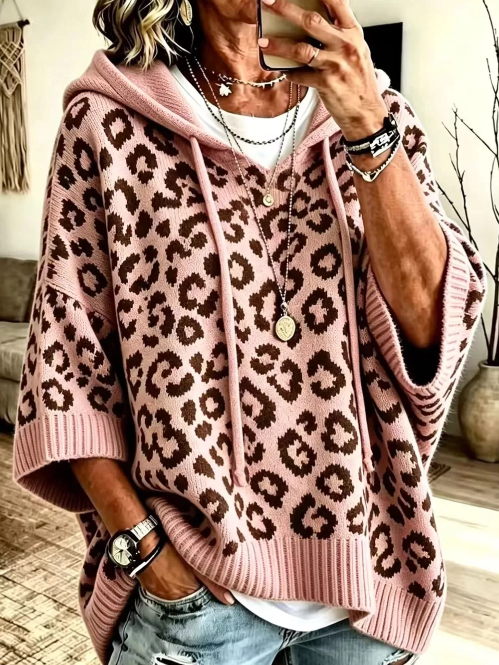 Full Size Leopard Print Hooded Knit Sweater Plus Size, image 2