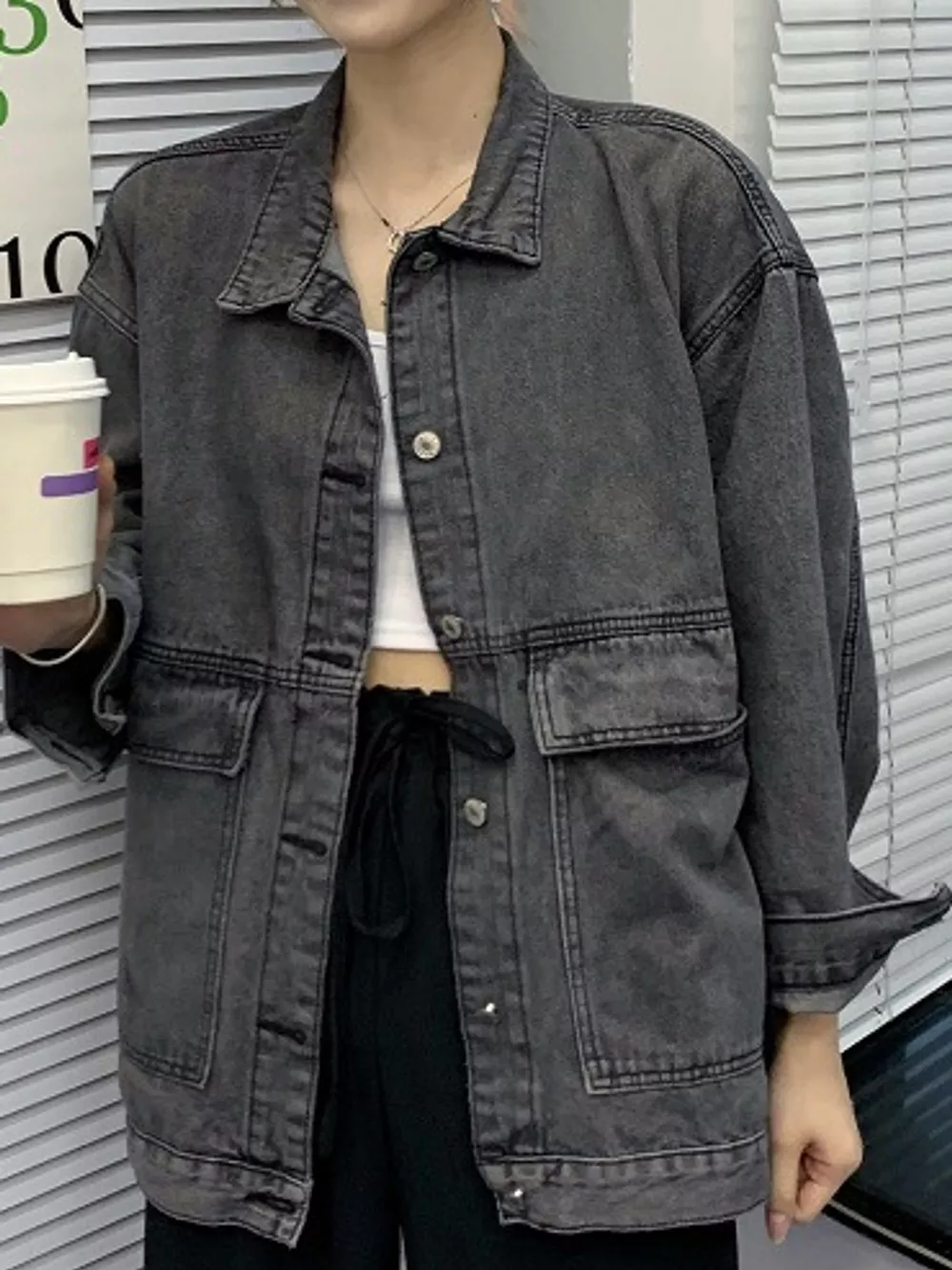 Oversized Wash Denim Jacket with Utility Pockets, image 12