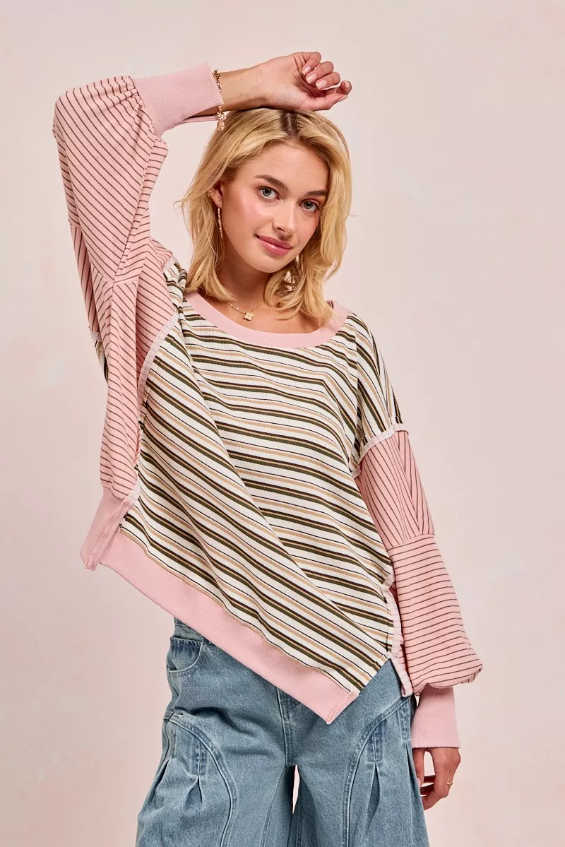 Stripe Mixed Top With Cut Edge And Reverse Outseam, image 6