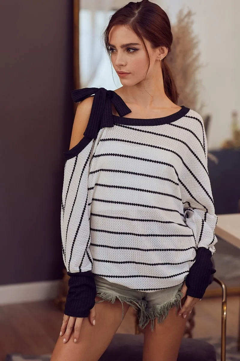 Stripe Yarn Dye Waffle One Shoulder Ribbon Detail Top, image 11