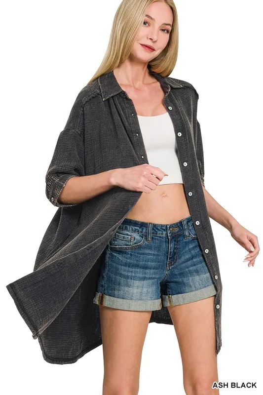 Washed Double Gauze Button Down Shirt Dress, image 3