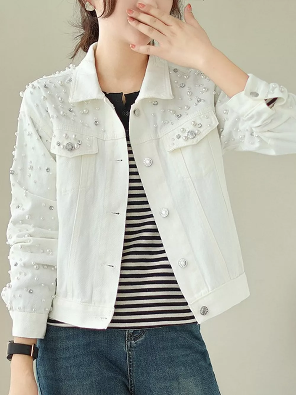 Pearl Detail Button Up Denim Jacket, image 10