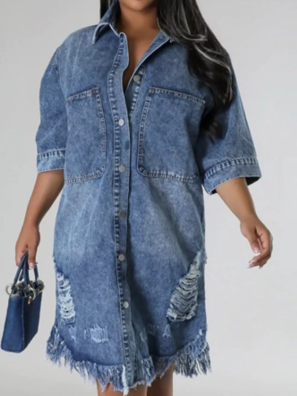 Plus Size Distressed Frayed Hem Button-Down Denim Dress, image 5