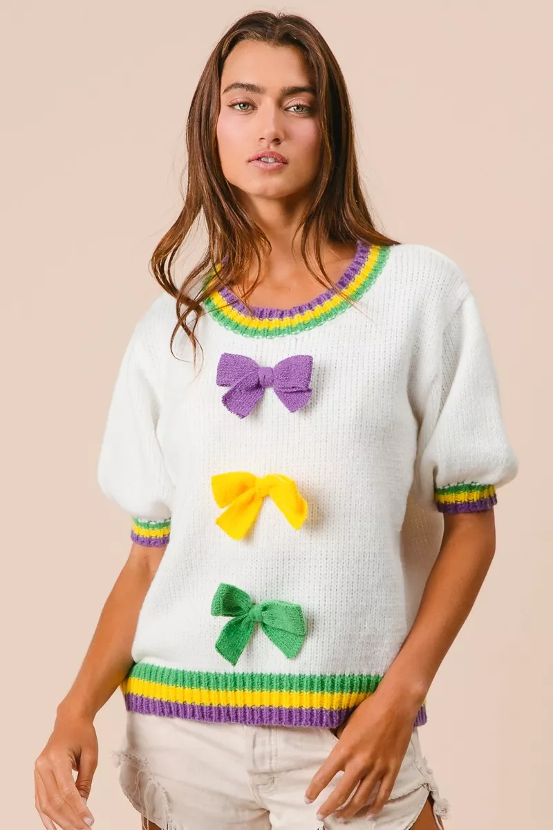 Short Puff Sleeve Ribbon Bow Mardi Gras Sweater, image 13