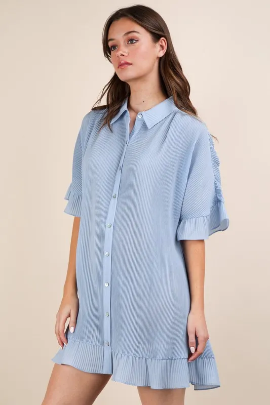 Pleated Detail Button Down Mini Dress, image 3