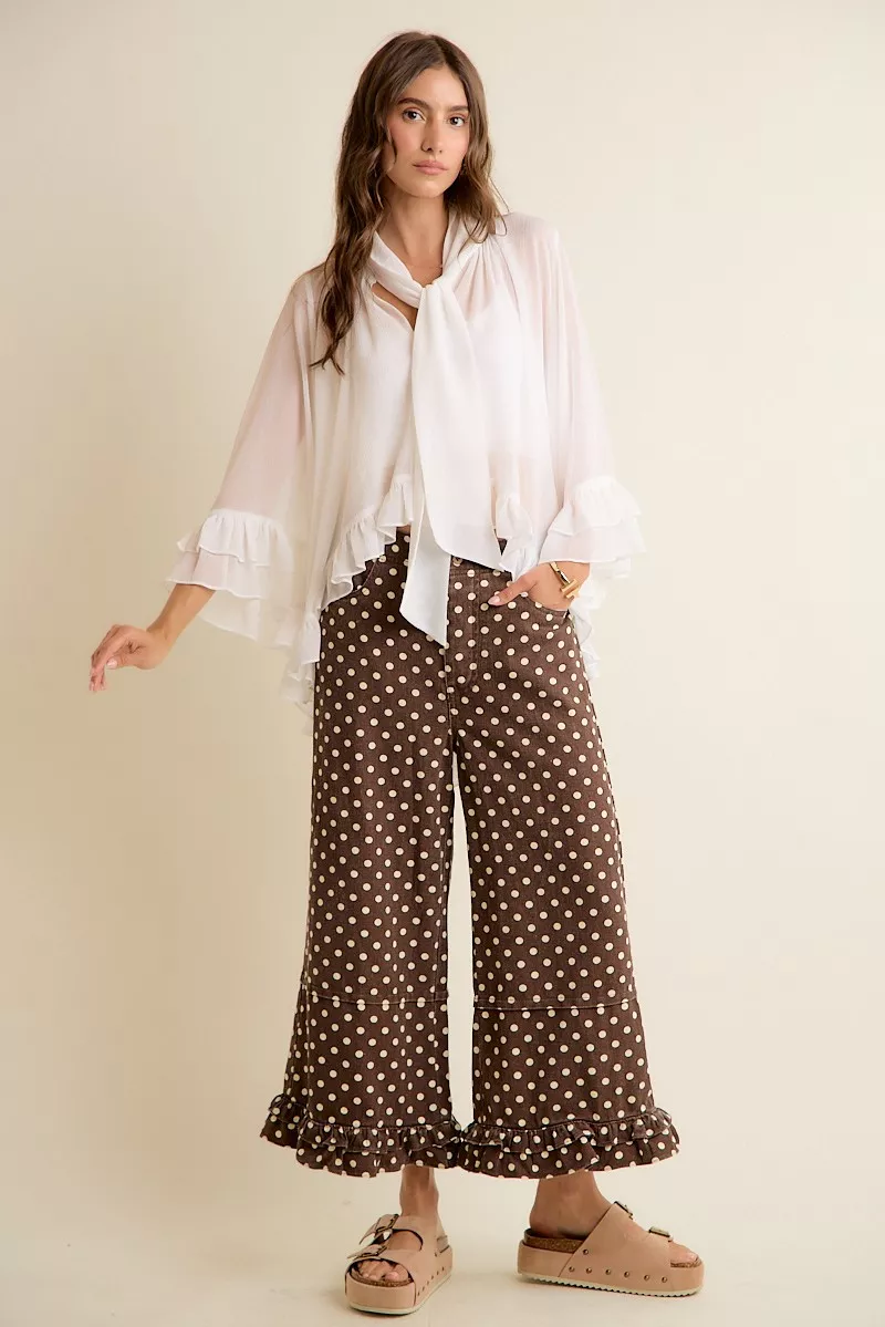 Sheer Ruffle Bell Sleeves Bow Tie Flowy Blouse Top, image 15