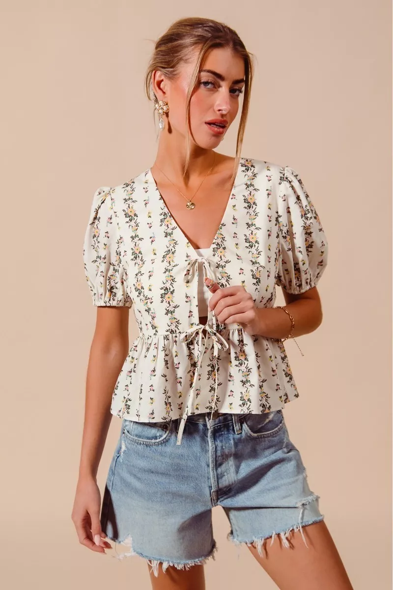 Floral Print Tie Front Shirred Hem Blouse, image 6