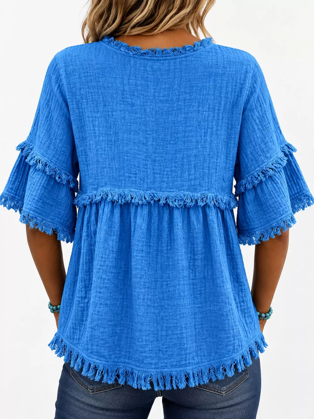 Full Size Frayed Edge Textured Blouse Plus Size, image 36