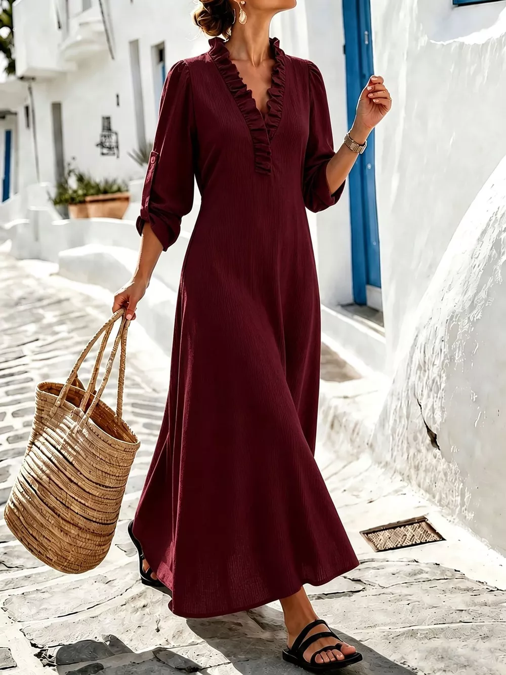 Full Size Frill Roll-Up Sleeve Maxi Dress Plus Size, image 14