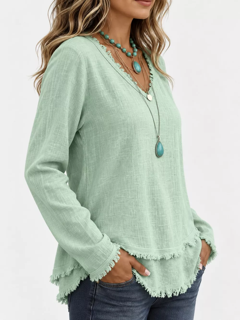 Full Size Frayed Hem V-Neck Long Sleeve Blouse Plus Size, image 58