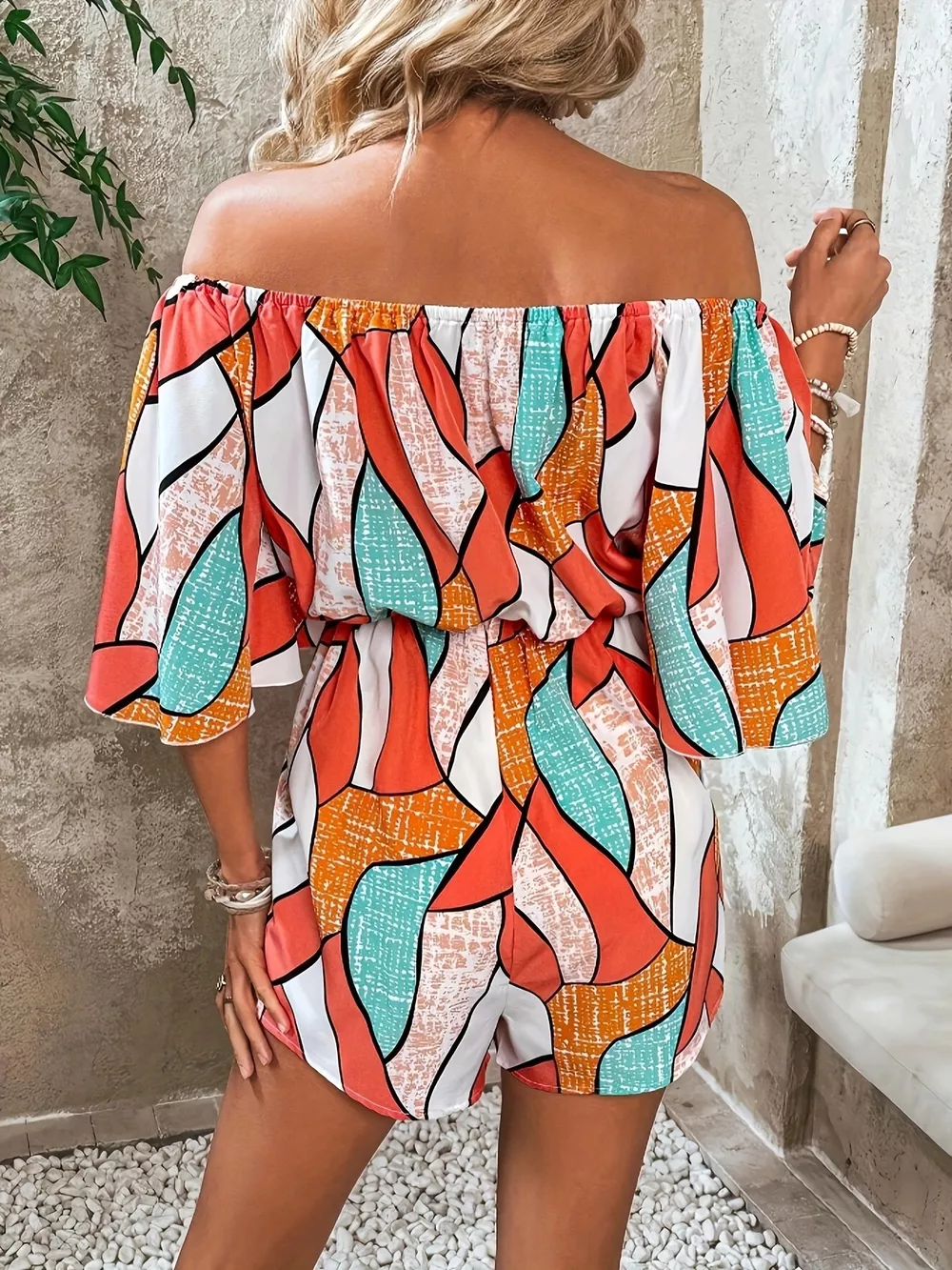Off-Shoulder Drawstring Waist Romper, image 6
