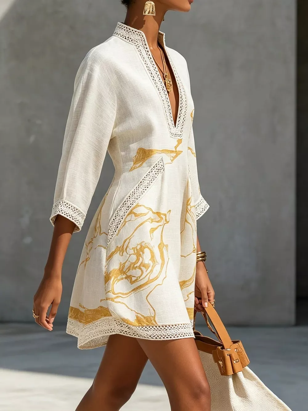 Notched 3/4 Sleeve Mini Dress, image 3