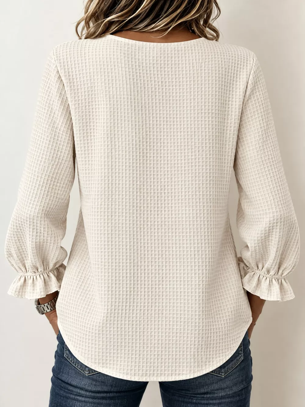 Full Size Waffle Knit Flounce Sleeve Blouse Plus Size, image 23