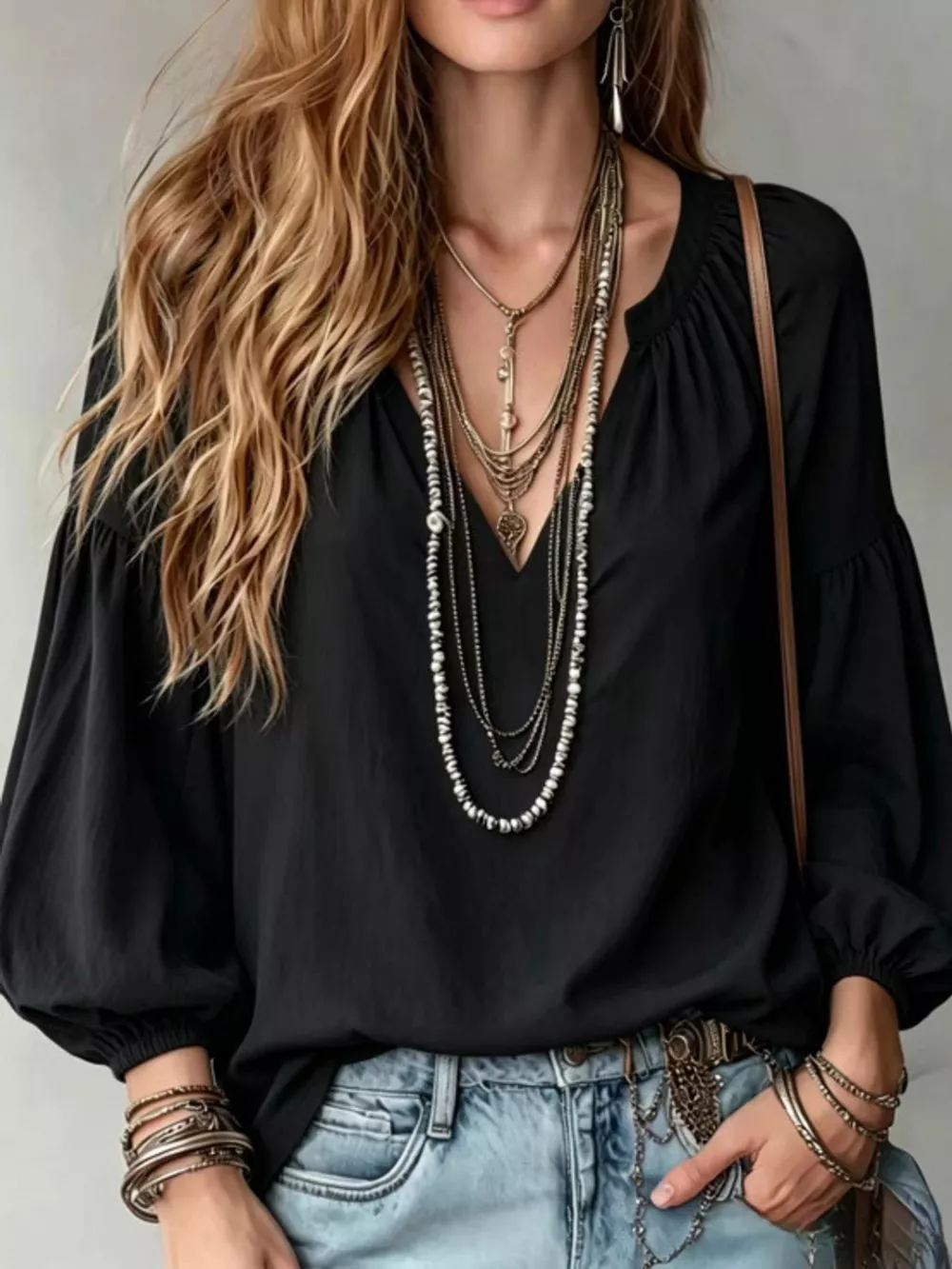 Full Size Notched Balloon Sleeve Blouse Plus Size, image 6