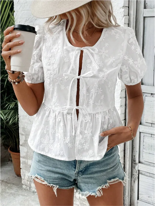 Puff Sleeve Tie Front Lace Peplum Blouse, image 3