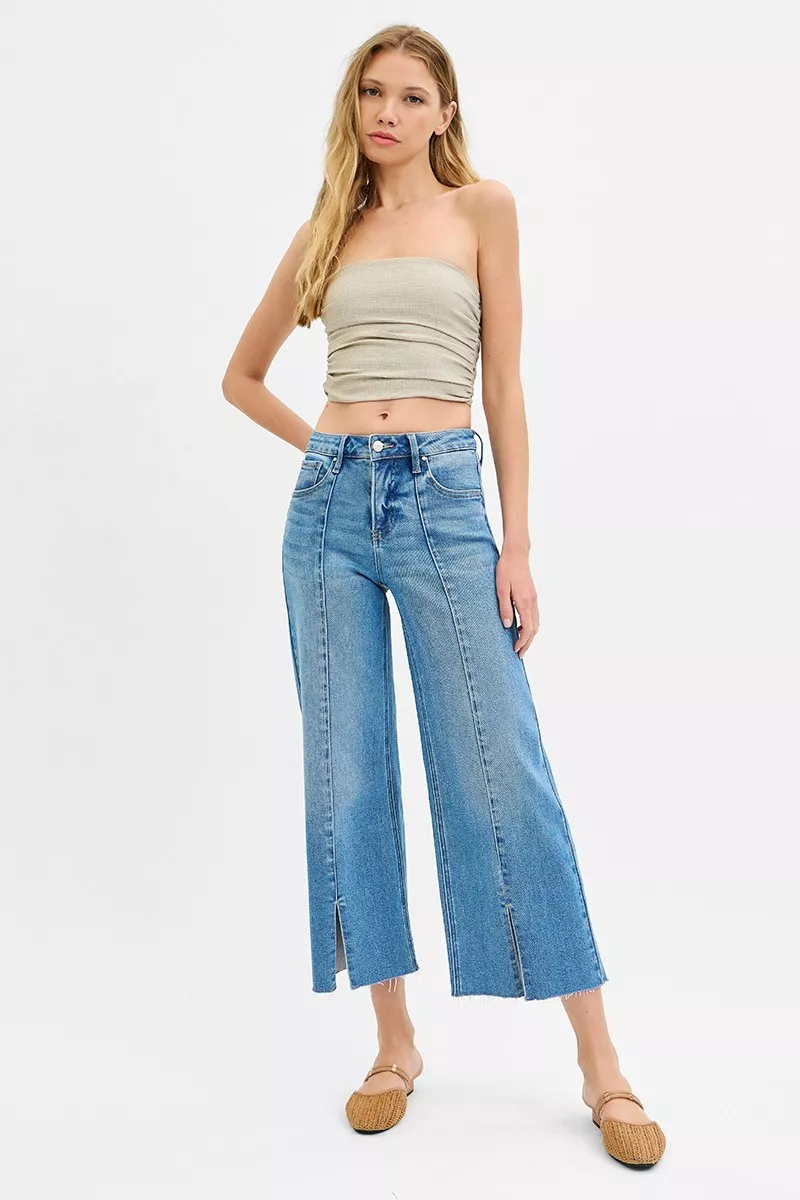 Tummy Control Mid Rise Crop Wide Front Slit Jeans, image 5