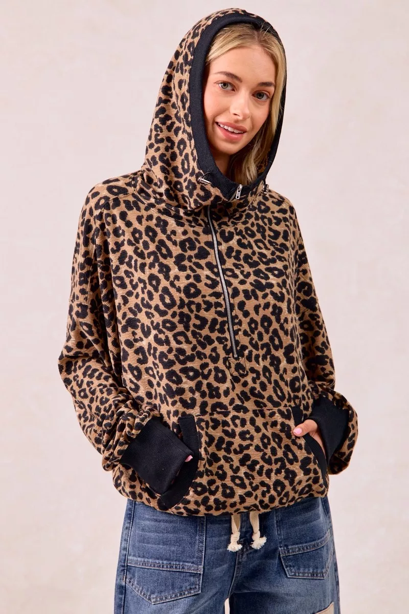 Leopard Print Waffle Half Zip Up Hoodie W Pocket, image 8