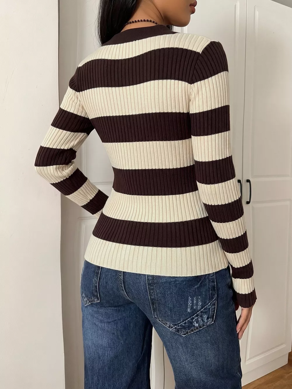 Striped Ribbed Knit Long Sleeve Sweater, image 5
